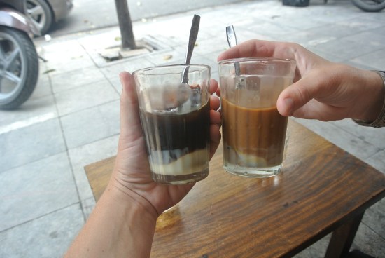 Vietnam coffee:  super strong espresso type coffee with condensed sweet milk on the bottom.  Stir and enjoy.  So delicious!