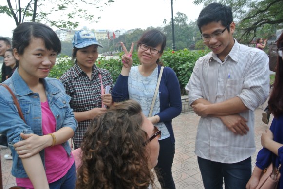 The group talking with Julia.